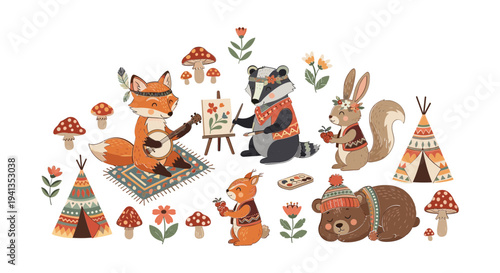 Colorful illustration of forest animals playing.