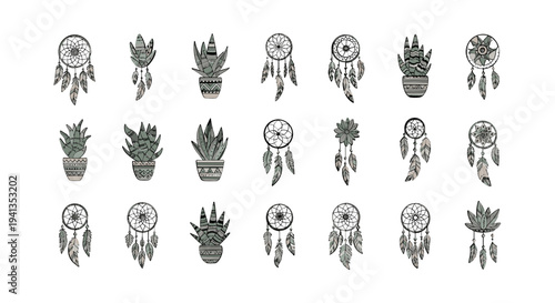 Dreamcatcher and potted plant designs.