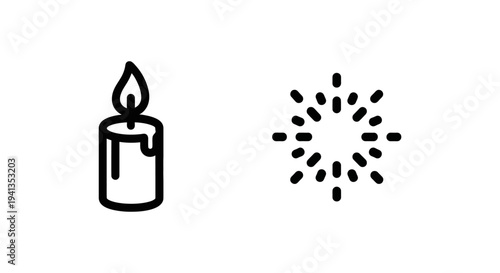 Candle and flickering light icons, hushed glow and gentle flicker symbols, line art, graphic resource