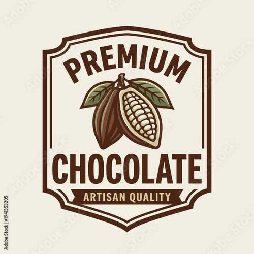 This logo emphasizes premium quality with a sophisticated design featuring cocoa beans and leaves, perfect for artisan chocolate brands seeking to convey luxury and flavor.