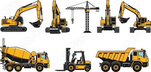 Heavy construction machinery collection including excavators, tower crane, concrete mixer truck, forklift and dump truck for engineering and building industry isolated on white background