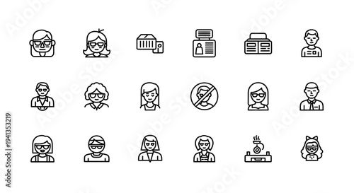 Collection of diverse people icons, avatars, and business symbols in a grid layout, graphic resource