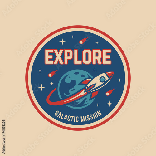 A colorful logo representing a galactic mission, featuring a rocket soaring through space with planets and stars, symbolizing exploration, adventure, and the excitement of discovery.