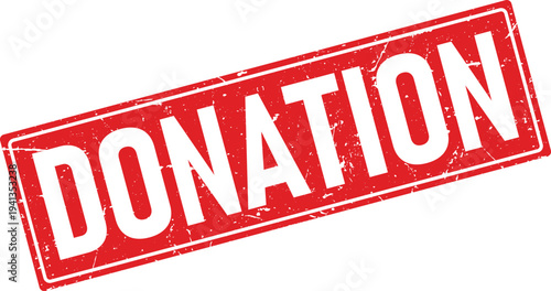 Red Distressed Donation Rubber Stamp with White Text on Isolated Background