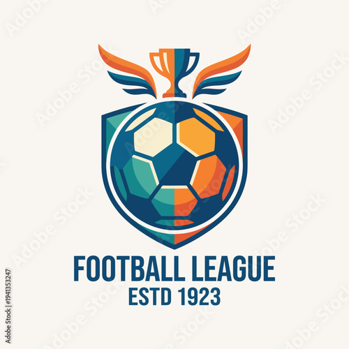 A dynamic football league logo featuring a soccer ball and trophy, encapsulating the energy, teamwork, and competitive spirit of football while maintaining a stylish and engaging design.