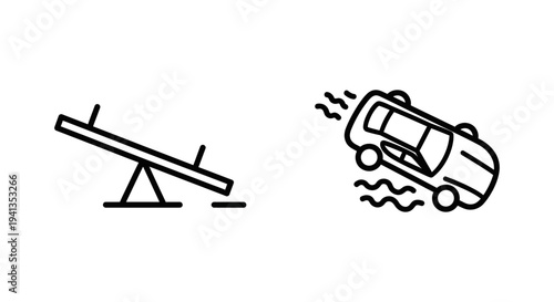 Seesaw and car crash icons, balance break and drift alert symbols, simple line art, graphic resource, loss of control