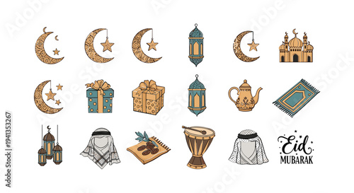 Eid Mubarak Islamic Symbols Icons.