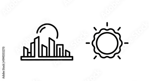 Minimalist icons of city skyline with sun and separate sun icon with line art with white background