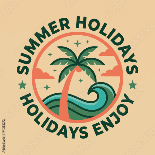A bright and cheerful logo celebrating summer holidays with a palm tree and waves, evoking feelings of relaxation, joy, and enjoyment during the sunny season of fun and escape.