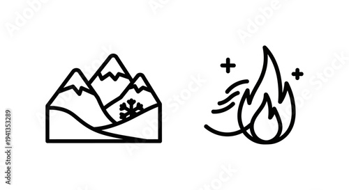 Minimalist icons for chilled vale mountains with snowflake and whispering spark flame with line art with white background