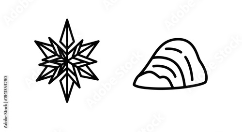 Minimalist icons of crythalis icecrest snowflake and snowcore rock formation with line art with white background