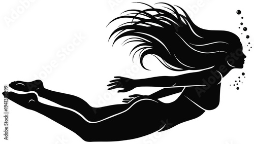 A woman swimming underwater, a silhouette with flowing hair and bubbles conveying motion.