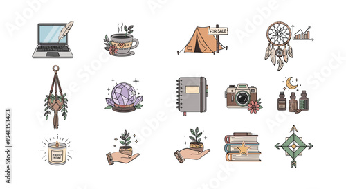 Travel camping adventure leisure icons set.