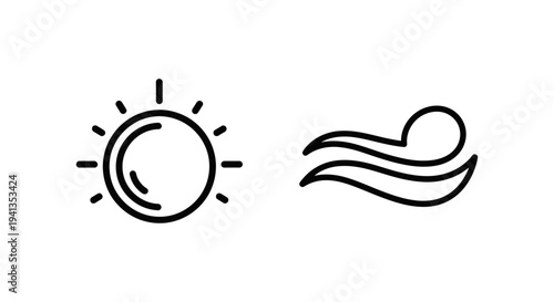 Sun and wind icon set, representing warmth and gentle breeze for design