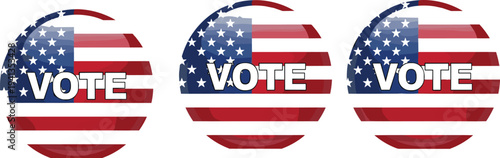 Set of glossy circular vote badges with American flag pattern for United States presidential election political campaigns patriotic voting and democratic government participation.