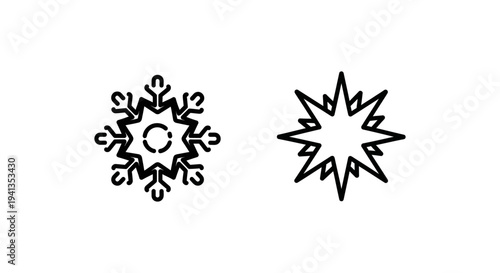 Snowflake and explosion star icon set, symbolizing cold and impact for design