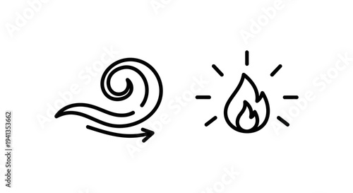 Stylized outline icons of wind and a flickering flame with design element with wind symbol with fire symbol