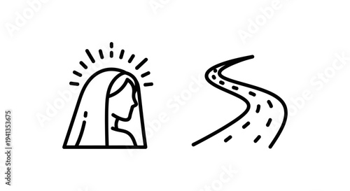 Simple icon symbols of a veiled figure and a winding road with design element with spiritual symbol