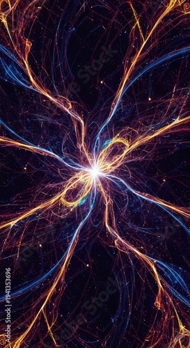 Stunning seamless energy flow background with deep colors, representing digital technology, speed, and infinite spatial depth, futuristic, cosmic, light