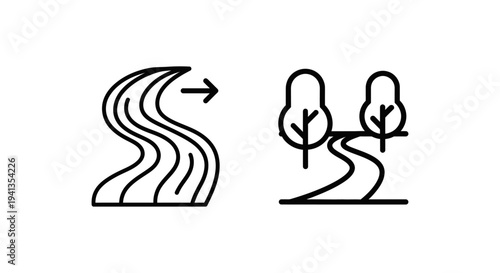 River flow and tree lined path icons: natural waterway and scenic route with line art with flat design with graphic resource