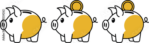 Minimalist Piggy Bank Line Art Set with Yellow Color Accent Hand Drawn Finance and Saving Illustration