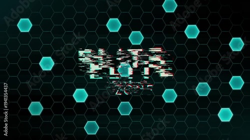 Glitchy Hexagon Grid Abstract Digital Network Data Flow Futuristic Technology Background with Glowing Teal Nodes and Corrupted Text Overlay
