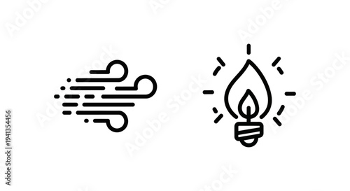 Icons of blurring wind streaks and a softly flickering light bulb with black and white with air flow with white background with flat design with outline icon