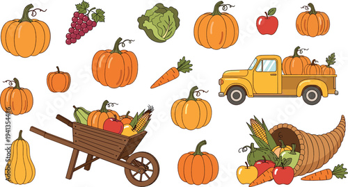 Autumn harvest vector set with pumpkins, vegetables, wheelbarrow, cornucopia and farm truck, seasonal fall agriculture illustration collection for Thanksgiving design