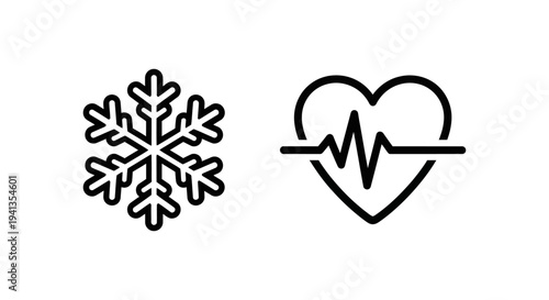 Snowflake icon, heartbeat icon, winter frost, gentle pulse, health, cold, medical, nature symbols, black and white, line art