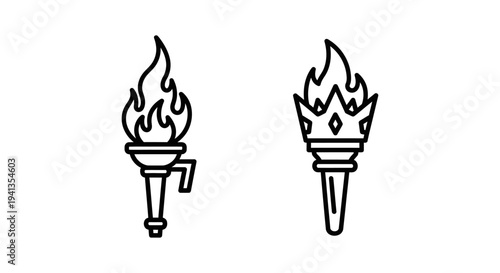 Torch icons: flaming torch, crown torch, fire symbol, power, victory, ancient, design elements, black and white, line art, energy source