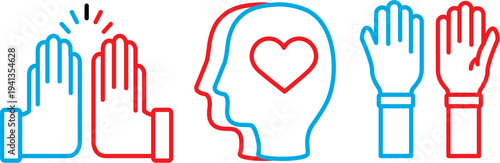 Line icons of hands and head with heart symbol, representing love, care, and support in a simple, modern style.
