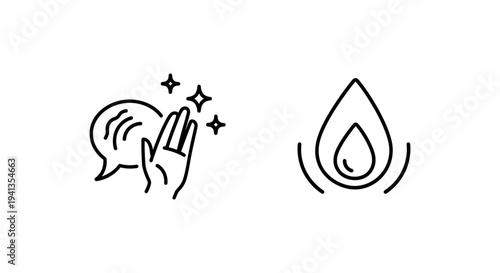 Black line icons: whispered glimmerunit with stars and gentle spark drop with line art with clean lines