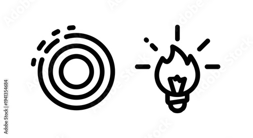 Abstract icons: concentric circles with dashes and stylized light bulb with line art with clean lines