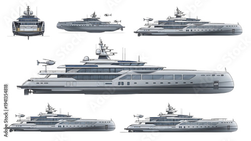 Futuristic Electric Yacht Blueprint – Side Elevation and Top Deck Layout Technical Drawing