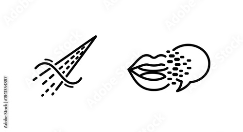 Abstract line art icons: an invisible beam representing signal or data transmission, paired with fading whisper lips for subtle communication concepts