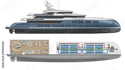 Futuristic Electric Yacht CAD Blueprint – Side Elevation, Top Deck Layout, and Battery Compartment Section on White Background