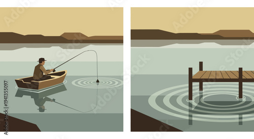 Man Fishing from Small Boat on Lake.