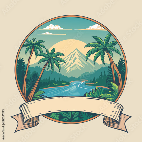 Tropical Landscape Illustration with Palm Trees and Mountain.