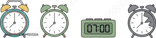 Vector Icon Set of Various Alarm Clocks Including Analog, Digital, and Broken Clock Representing Time Management, Waking Up, and Schedule Concepts