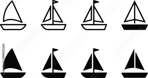 Set of Black and White Sailboat Icons Representing Sailing, Recreation, and Marine Travel Vector Illustration Collection