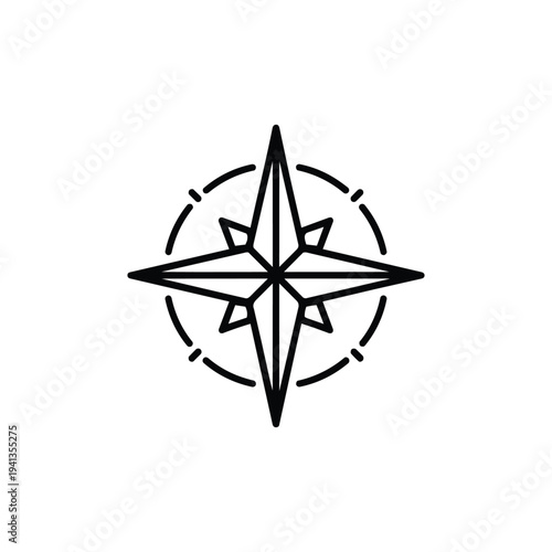 Black and white compass rose icon minimal vector navigation symbol for maps and travel design