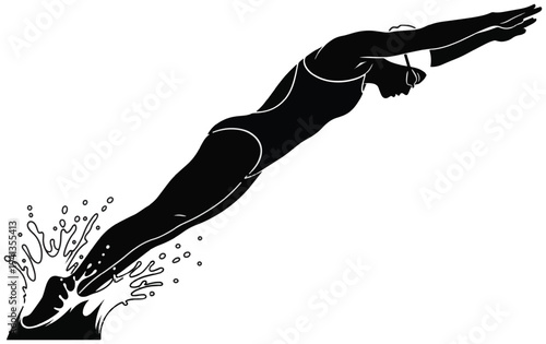 Female diver silhouette diving into splashing water—athletic swimmer midair plunge.