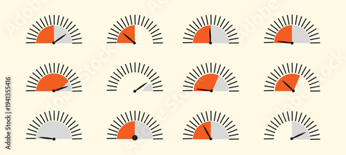 Speedometers collection. Symbols of speed score measuring tachometer level indices vector collection. speedometer gauge icons vector set with orange and silver levels.