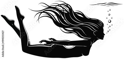 A graceful woman swimming underwater, a silhouette with flowing hair, air bubbles, and tranquil motion.