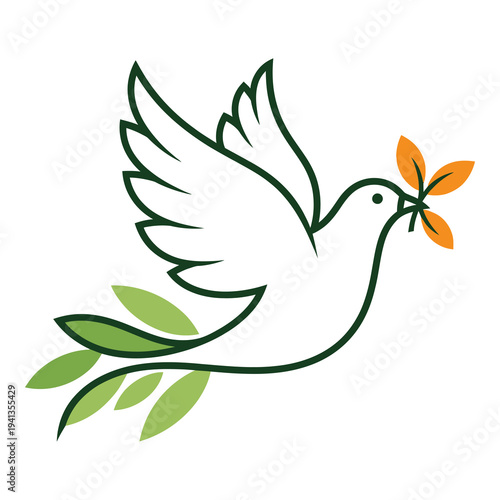 Dove flying with olive branch in beak symbolizing peace and harmony in nature icon