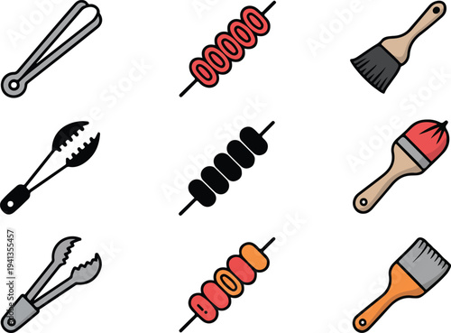 Barbecue Tools Icon Set with Grilling Tongs, Meat Skewer, and Basting Brush in Stroke, Silhouette, and Colored Professional Vector Formats