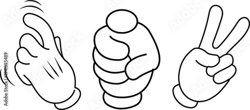 Cartoon hand gestures set, pointing, clenched fist and peace sign, black and white line art vector illustration