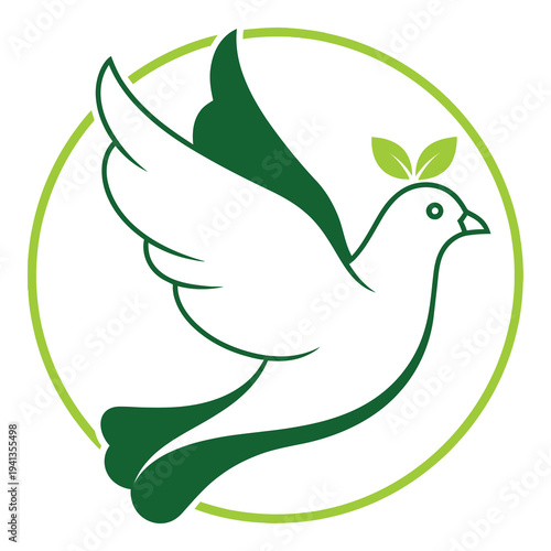 Green dove flying with leaves in beak inside circle eco symbol icon