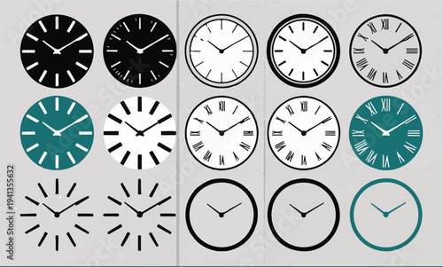 Variety of clock faces and timepieces including analog and Roman numeral designs.