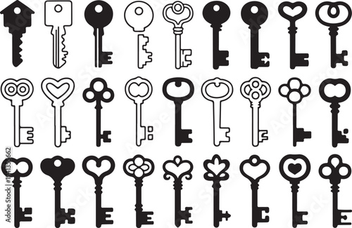 Set of various vintage keys and antique skeleton keys isolated on transparent background, silhouette collection